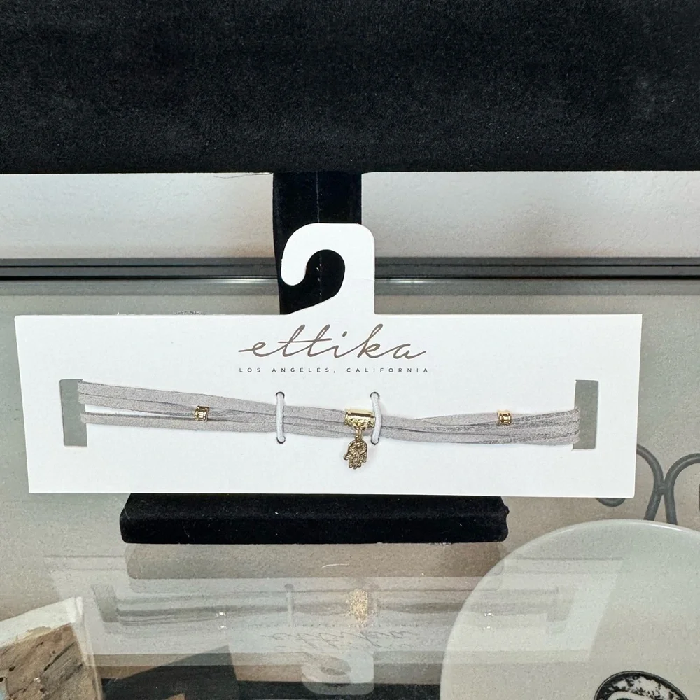 NWT Ettika Grey Wrap Choker Leather Suede with Charm Gold